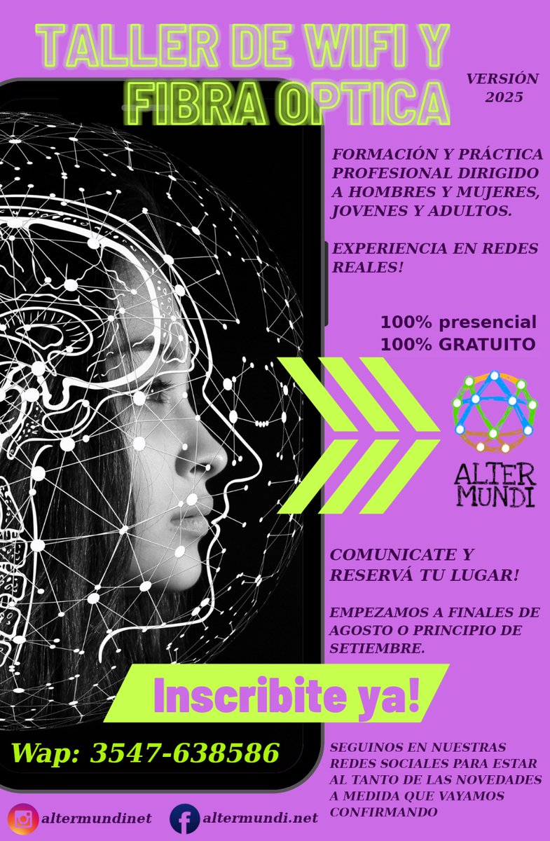 Ahora sí.  Acá te contamos cómo inscribirte en el Taller de #Wifi y #FibraOptica que haremos en José de la Quintana, #Córdoba 
1) Postulate👉 wa.link/3hfkxg
2) Listo, nos estaremos comunicando con vos en breve

Gracias a <a href="/APC_News/">APC</a> y <a href="/Sida/">Sida</a> por hacer posible este taller🧡