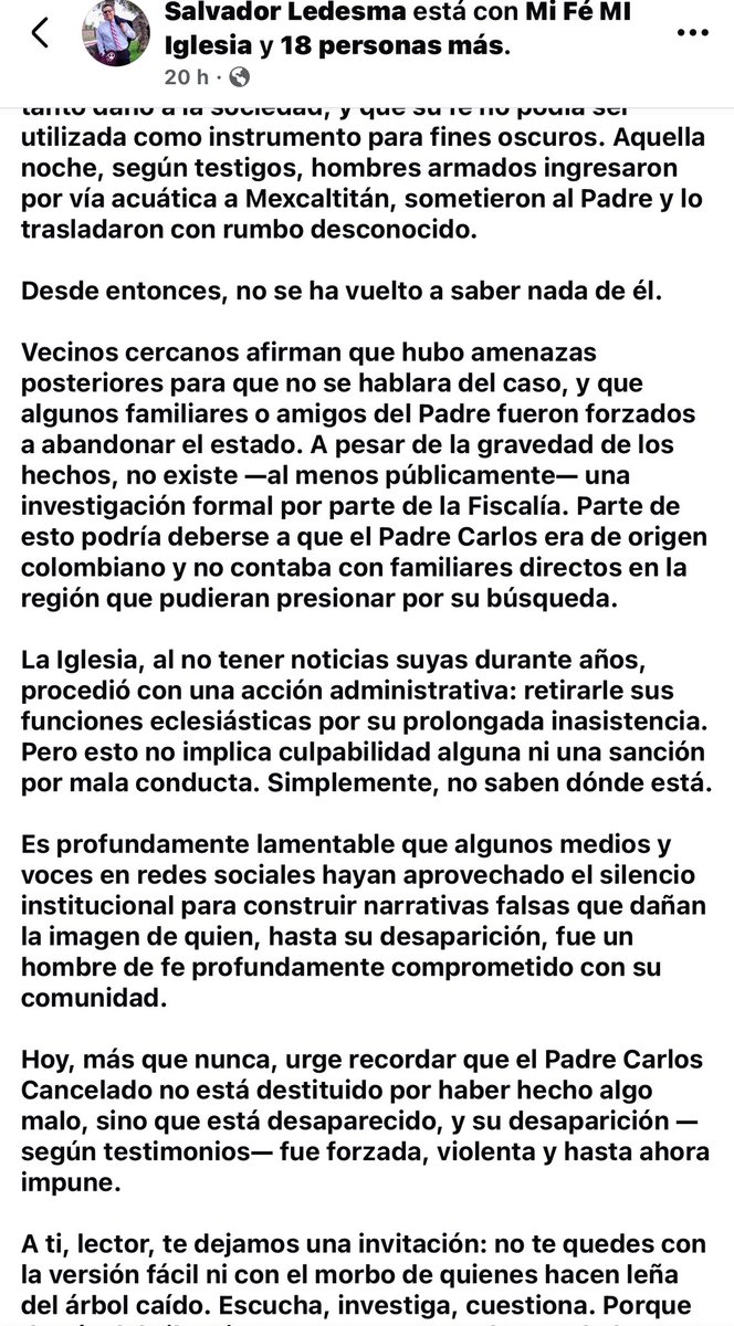 SoyDeLeon_Mx's tweet image. #PadreCarlosCancelado #México #Desaparecidos @EmbaMexCol Oigan esto es grabe:

1.- El Padre lleva dos años desaparecido.  
2.- El arzobispado de Tepic, Mons, Luis Artemio Flores Calzada, NUNCA dijo nada.
3.- Están difamando al padre (manifestando suspensión por abuso sexual) 
4.-…