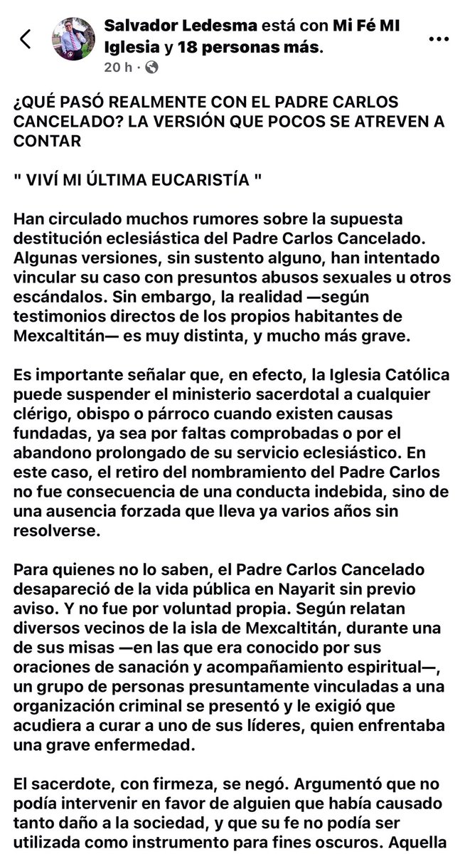 SoyDeLeon_Mx's tweet image. #PadreCarlosCancelado #México #Desaparecidos @EmbaMexCol Oigan esto es grabe:

1.- El Padre lleva dos años desaparecido.  
2.- El arzobispado de Tepic, Mons, Luis Artemio Flores Calzada, NUNCA dijo nada.
3.- Están difamando al padre (manifestando suspensión por abuso sexual) 
4.-…