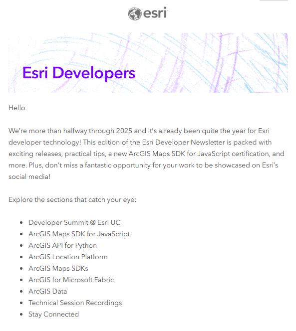 TheGeoWhisperer's tweet image. The #EsriDeveloper Newsletter keeps you up to date on the latest releases, conferences, blog articles, tutorials, and more. 🗞️Have curated content delivered directly to you! Check out the introduction from the last edition. #DevTech #ArcGIS
Learn more ➡️ ow.ly/t30O30sOz0q