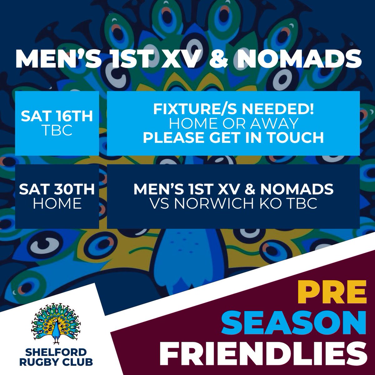 The band’s back together 🦚💪
Loads of our Senior Men’s Squad have recommitted for another season✅
Next week: meet the new signings &amp; Colts stepping up 🌟

📢 Biggleswade game is OFF - we’re keen for a pre-season run-out, home or away! DM us
#JoinThePeacocks #MensRugby #Peacocks