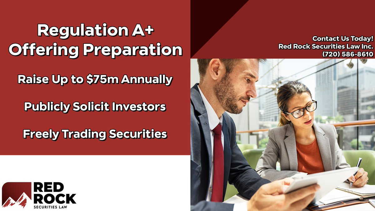 Redrockfiling's tweet image. Raise Capital for Your Business with a Regulation A+ Offering!

Red Rock Securities Law provides a full range of legal services for the preparation of Tier 1 and Tier 2 Regulation A+ exempt Offerings.

Our Regulation A+ Offering Preparation Services focus on the legal work to…