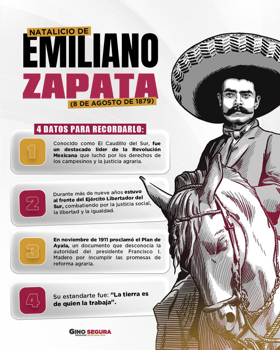 Hoy conmemoramos el natalicio de Emiliano Zapata, “El Caudillo del Sur”, símbolo de la lucha por la justicia social y la defensa de la tierra. 🌾

Su legado vive en la fuerza del pueblo y en el ideal que marcó la historia: “La tierra es de quien la trabaja”.