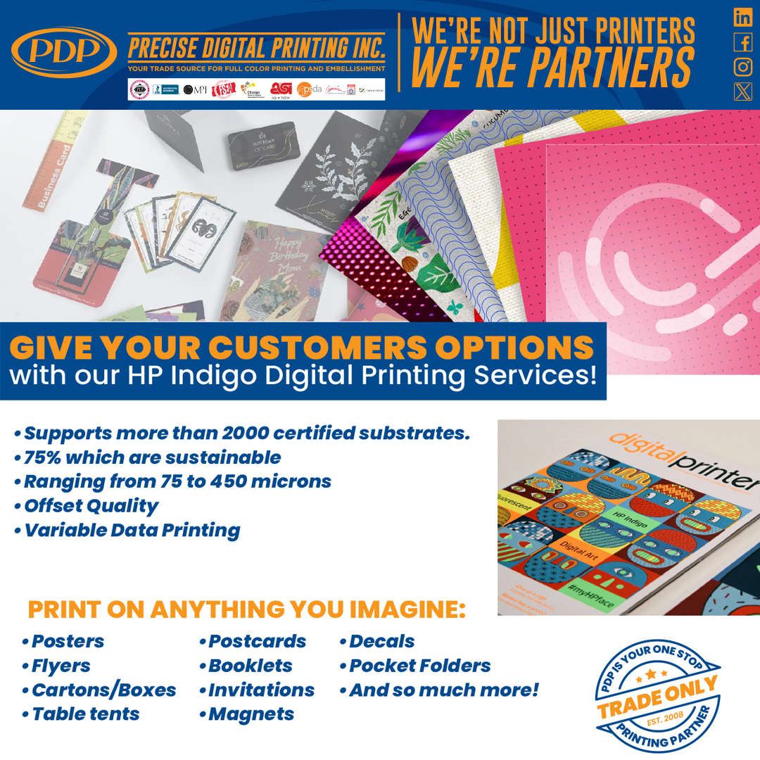 PrintingPrecise's tweet image. Give your customers options with cutting-edge HP Indigo Printing Services! Experience exceptional color accuracy, premium print quality comparable to offset, and a wide variety of media options. Let PDP help you unlock new business possibilities—call us today to learn more!