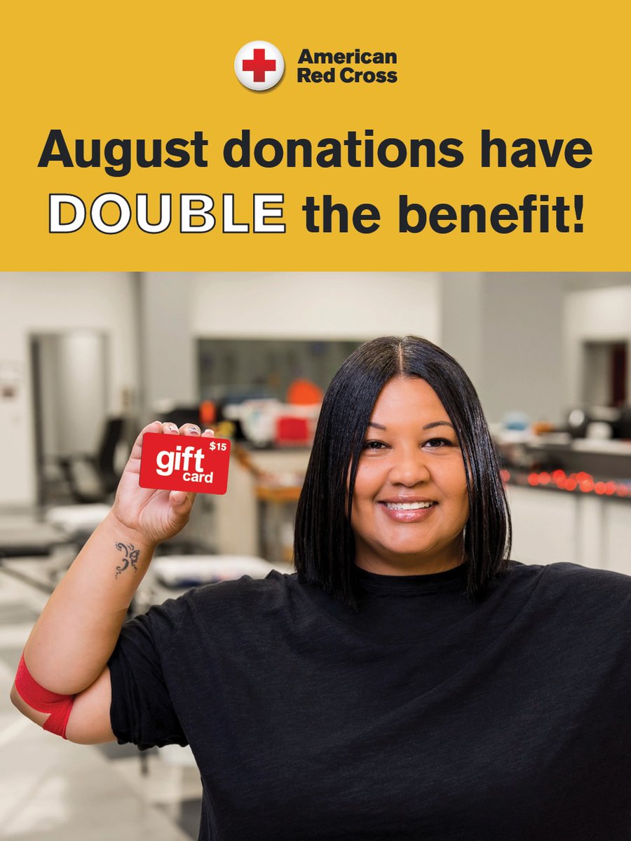 Do something good for your community &amp; yourself! Come to give blood Aug. 1-28 &amp; get a $15 e-gift card of your choice. Plus, successful August donations get A1C testing (diabetes/prediabetes screen; 1 result in a 12-month period). Book your appointment: rcblood.org/43ZR8Av