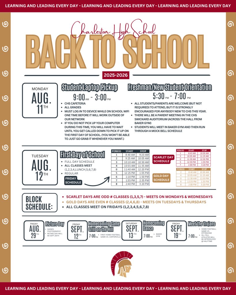 Important info for Charleston High School students and families! Looking forward to the start of a new school year next week! 📚✏️🍎