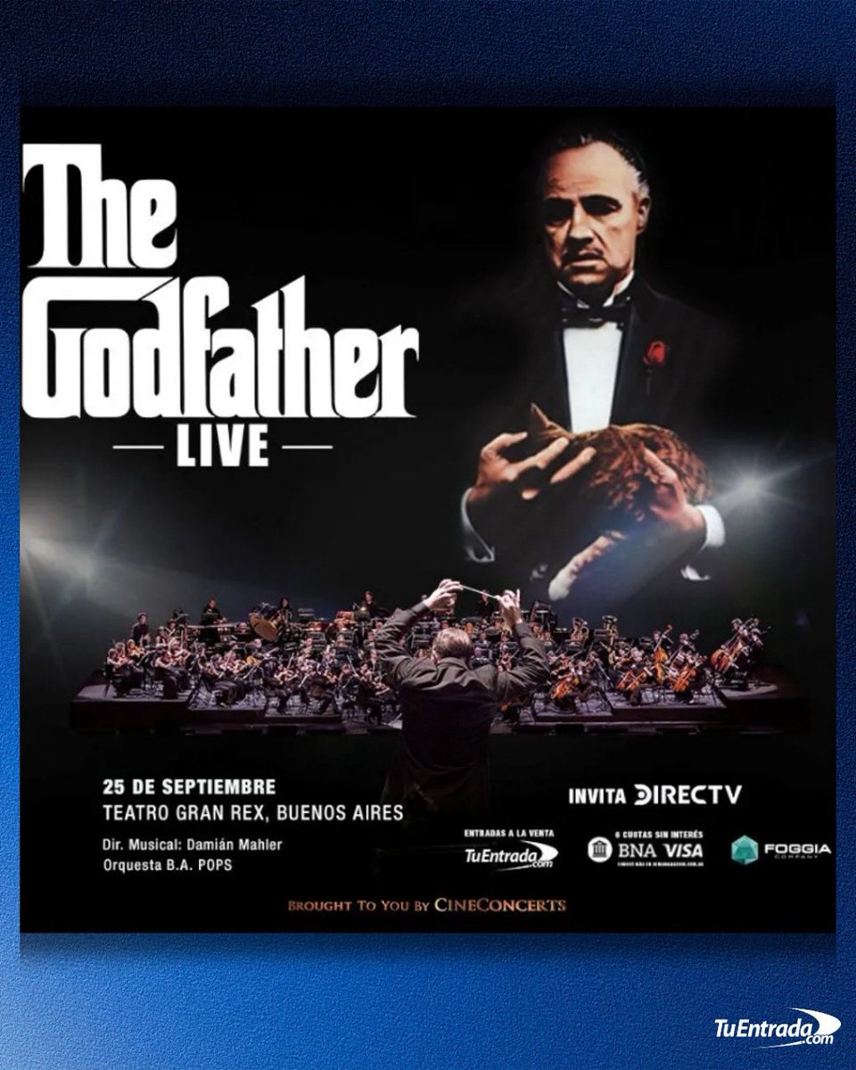 🎻 THE GODFATHER LIVE

📍 <a href="/teatrogranrex/">Teatro Gran Rex</a> 
📅 Jueves 25 septiembre – 20:00hs

📽️El clásico de Coppola como nunca antes: proyección en pantalla gigante + banda sonora de Nino Rota interpretada EN VIVO por la Orquesta B.A. Pops, dirigida por Damián Mahler.

<a href="/FoggiaCompany/">Foggia</a> #elpadrino