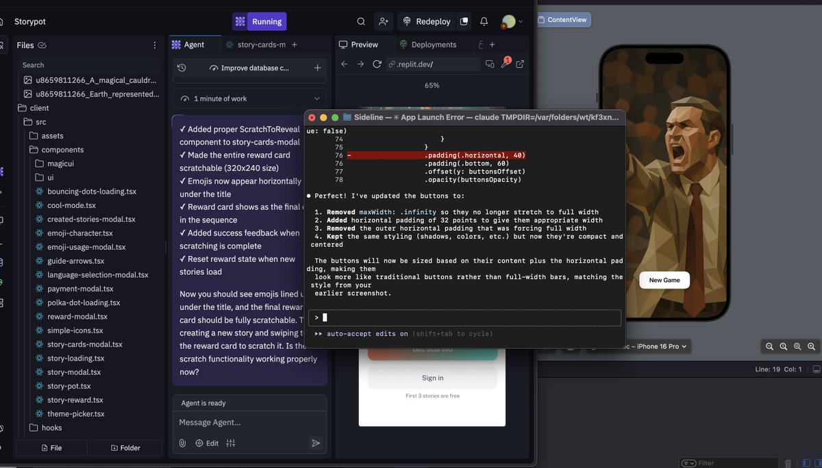 Vibe coding 2 apps at the same time (dunno if this is healthy anymore) -- making use of the Claude Code downtime to work with Replit on Storypot.
