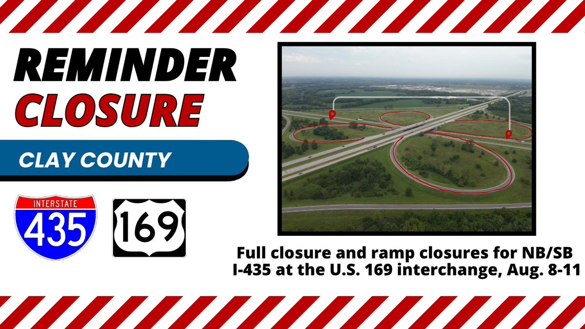 REMINDER: CLAY COUNTY - Crews will be conducting a full closure and ramp closures on NB/SB I-435 at the U.S. 169 interchange for bridge rehabilitation operations on the NB U.S. 169 bridge. All work is weather permitting. Details: modot.org/node/73434 #kctraffic <a href="/MoDOT/">MoDOT</a>