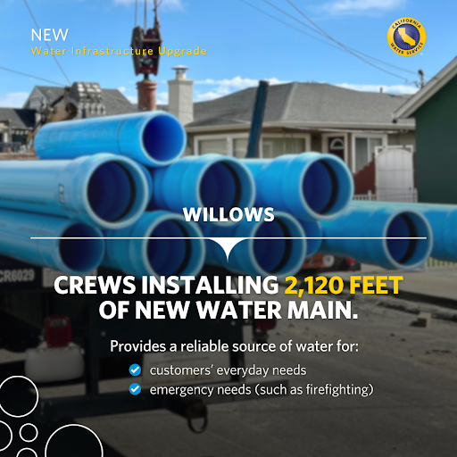 Starting soon! Crews in our #Willows District will begin installing more than 2,000 feet of new water main near downtown. This is just another proactive  #infrastructureimprovement happening across the state so that we can continue providing safe, clean water reliably to
