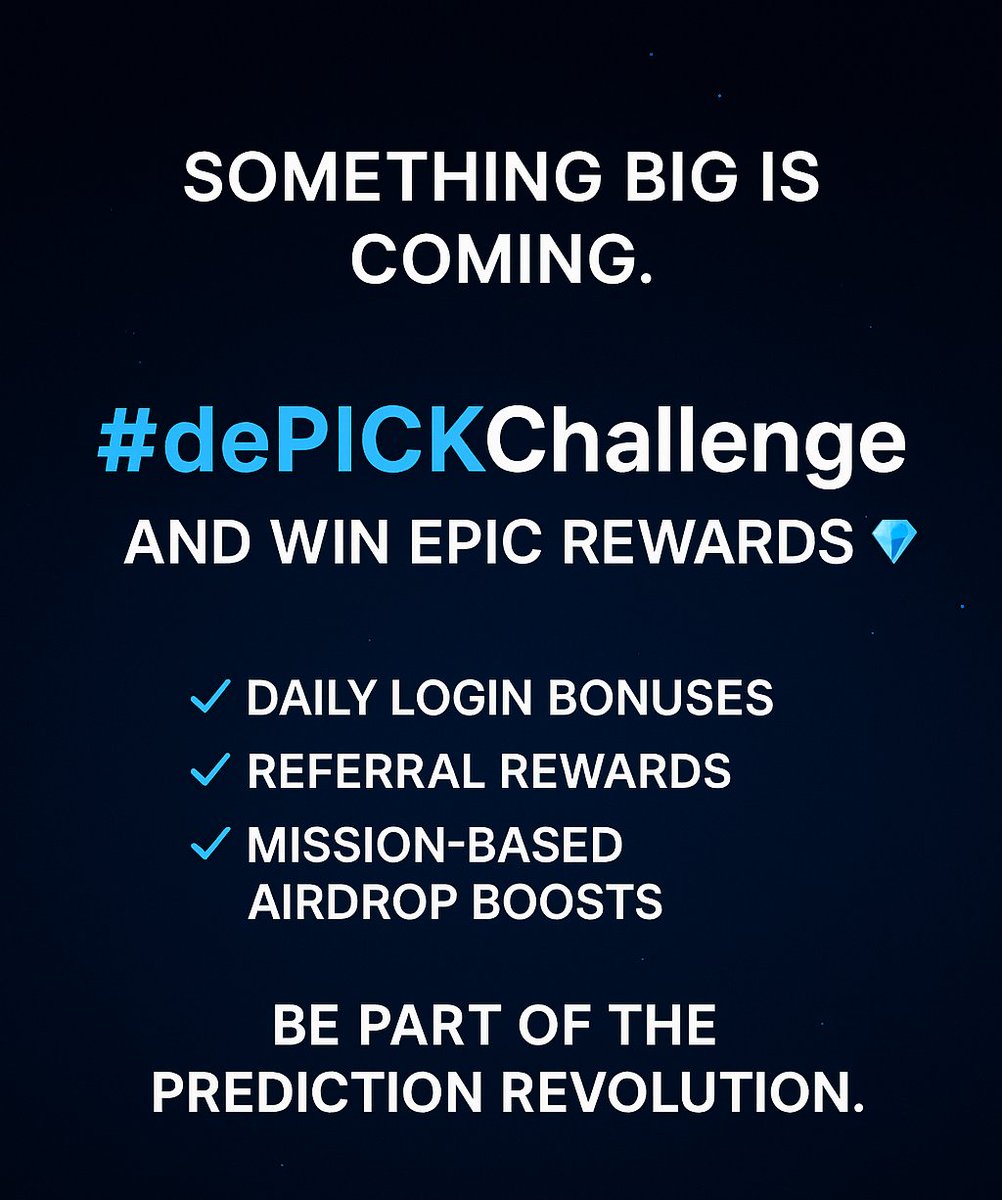 dePick_Official's tweet image. 🧠 Predict. Earn. Repeat.
#dePICKChallenge Countdown begins.
Daily rewards, referrals, missions.

#dePICK #Web3Prediction
#PremierLeague #AirdropHunt #Prediction