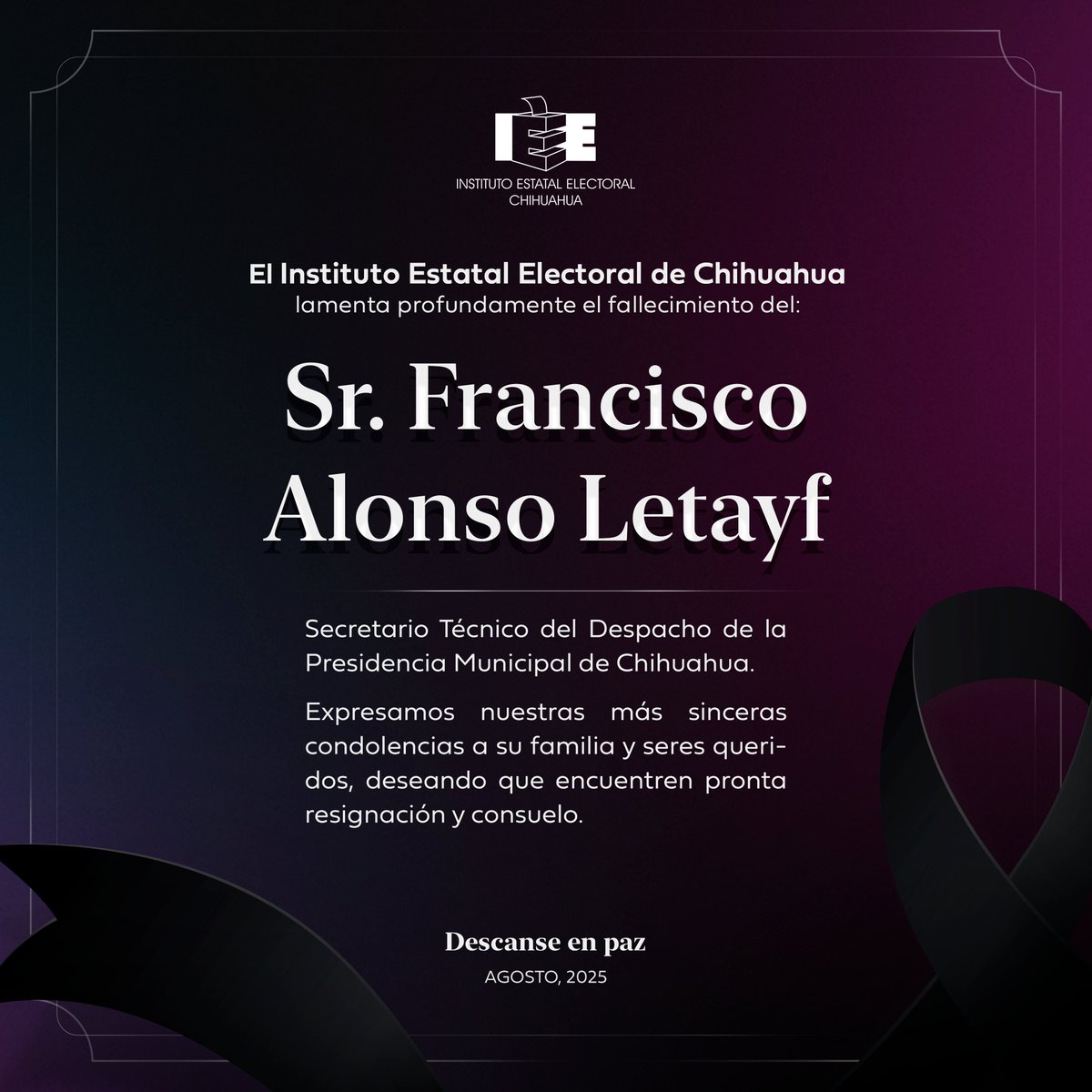 Instituto Estatal Electoral de Chihuahua (@ieechihuahua) on Twitter photo 🕊️ En el #IEEChihuahua lamentamos profundamente el sensible fallecimiento del Sr. Francisco Alonso Letayf, Secretario Técnico del Despacho de la Presidencia del <a href="/chihuahuampio/">Gobierno Municipal Chihuahua</a>.
Descanse en paz. 🕊️ En el #IEEChihuahua lamentamos profundamente el sensible fallecimiento del Sr. Francisco Alonso Letayf, Secretario Técnico del Despacho de la Presidencia del <a href="/chihuahuampio/">Gobierno Municipal Chihuahua</a>.
Descanse en paz.