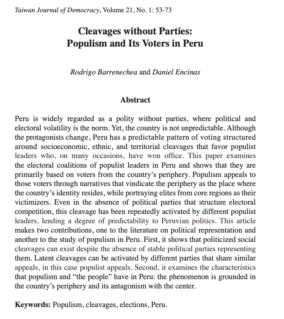 🚨New article with <a href="/RodrigoBarrene4/">Rodrigo Barrenechea</a> in the TJD: “Cleavages without Parties: Populism and its Voters in Peru.” 

📣Open Access.

Here is the link: tfd.org.tw/backend/upload…