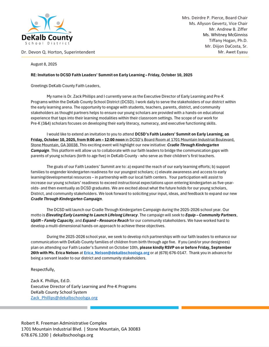 Dr. Norman C. Sauce III (@drnormancsauce3) on Twitter photo <a href="/DeKalbSchools/">DeKalb Schools, GA</a> Department of Early Learning & Pre-K Programs-proudly launches our Cradle Through Kindergarten Campaign & inaugural Faith Leadersβ Summit on Early Learning. October 10, 2025, 9:00am at district headquarters. Faith leaders RSVP to: Erica_Nelson@dekalbschoolsga.org <a href="/DeKalbSchools/">DeKalb Schools, GA</a> Department of Early Learning & Pre-K Programs-proudly launches our Cradle Through Kindergarten Campaign & inaugural Faith Leadersβ Summit on Early Learning. October 10, 2025, 9:00am at district headquarters. Faith leaders RSVP to: Erica_Nelson@dekalbschoolsga.org