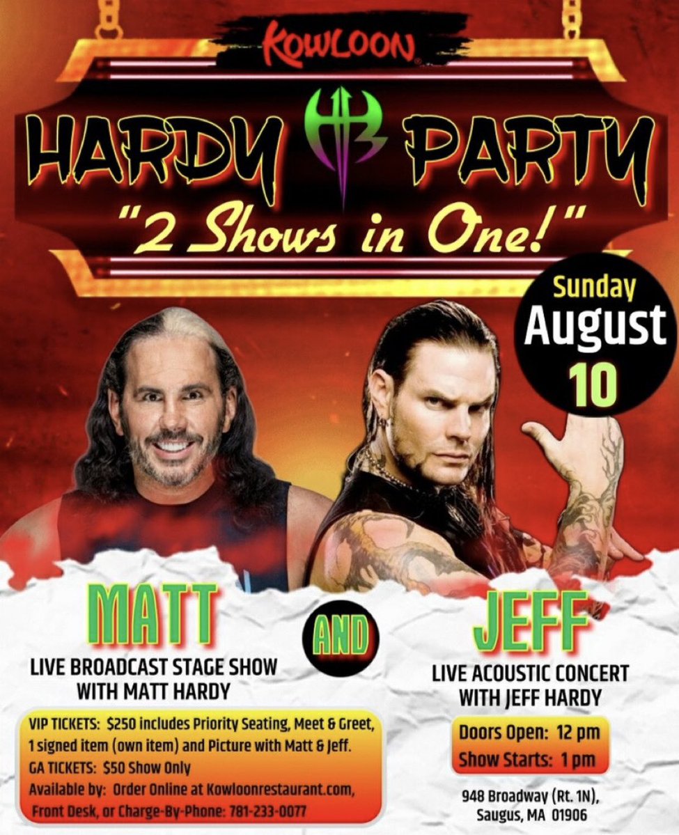 Jon Alba (@jonalba) on Twitter photo The Hardy Party comes to New England this weekend!
Saturday, <a href="/LWMaine/">Limitless Wrestling</a> 🎟️: limitlesswrestling.com
Sunday, <a href="/KowloonSaugus/">Kowloon Restaurant (Only official account on X)</a> 🎟️: HardyBoyzLive.com
We can’t wait to see you! The Hardy Party comes to New England this weekend!
Saturday, <a href="/LWMaine/">Limitless Wrestling</a> 🎟️: limitlesswrestling.com
Sunday, <a href="/KowloonSaugus/">Kowloon Restaurant (Only official account on X)</a> 🎟️: HardyBoyzLive.com
We can’t wait to see you!