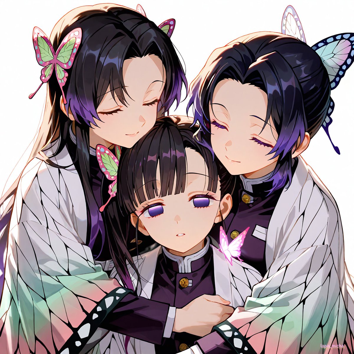 「大丈夫よ。
　これからも、私たちはずっと…
　あなたの傍にいるから。」
x.com/lapis_micha_su…
#AIart #鬼滅の刃 
#胡蝶カナエ #胡蝶しのぶ #栗花落カナヲ