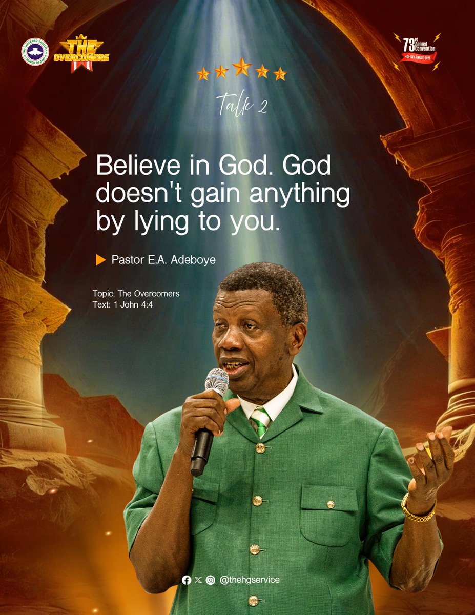 PastorEAAdeboye's tweet image. Believe in God. God doesn&apos;t gain anything by lying to you.

Day 5
Holy Ghost Service 

#TheOvercomers
#RCCGAnnualConvention2025
#RCCG