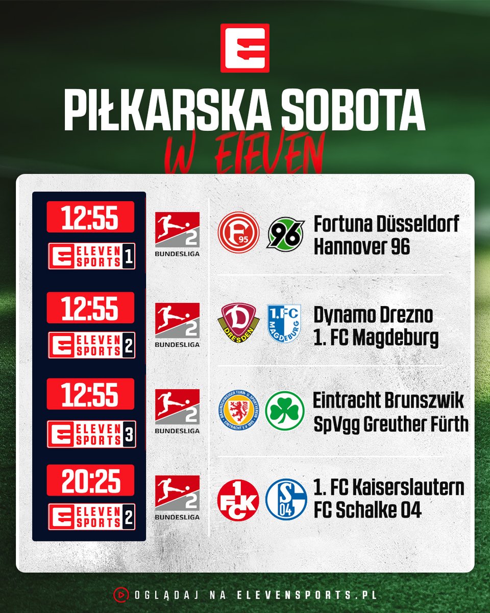 Piłkarska sobota w ELEVEN! ⚽️

Pierwszy domowy mecz Dynama Drezno po awansie na zaplecze Bundesligi 🔙 i FC Schalke 04 szukające przełamania w starciach z 1. FC Kaiserslautern (przegrane trzy ostatnie mecze bezpośrednie) 🧐

Startujemy o 12:55, bądźcie z nami! 😍 #BundesTAK 🇩🇪