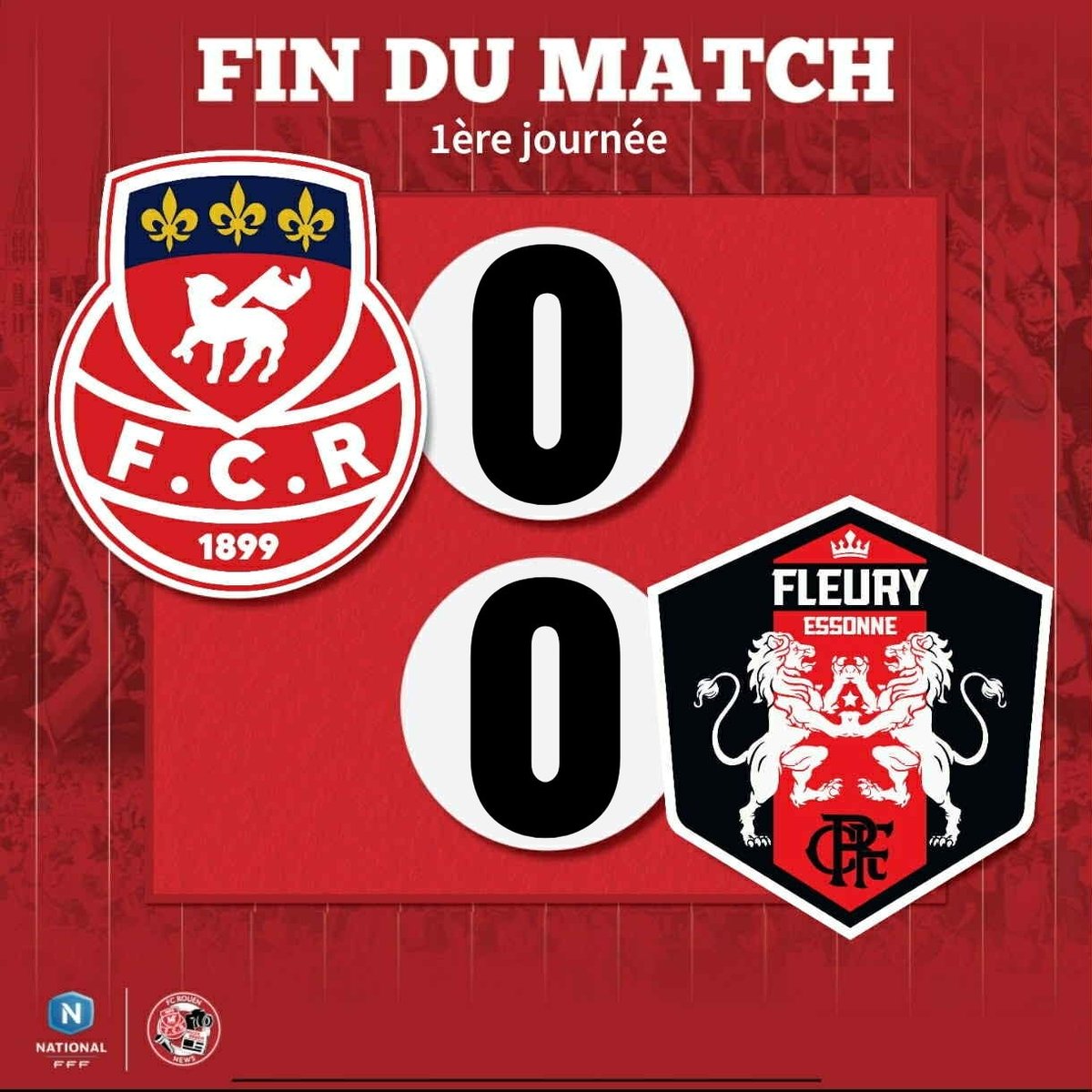🚨 𝟵𝟬' 𝗙𝗶𝗻 𝗱𝘂 𝗺𝗮𝘁𝗰𝗵 : FC Rouen 0-0 Fleury. 𝗟𝗲𝘀 𝗗𝗶𝗮𝗯𝗹𝗲𝘀 𝗥𝗼𝘂𝗴𝗲𝘀 𝗽𝗿𝗲𝗻𝗻𝗲𝗻𝘁 𝘂𝗻 𝗽𝗼𝗶𝗻𝘁.⏳🔴⚪

🔜 Dijon

#TeamFCR #Rouen #Normandie #NationalFFF