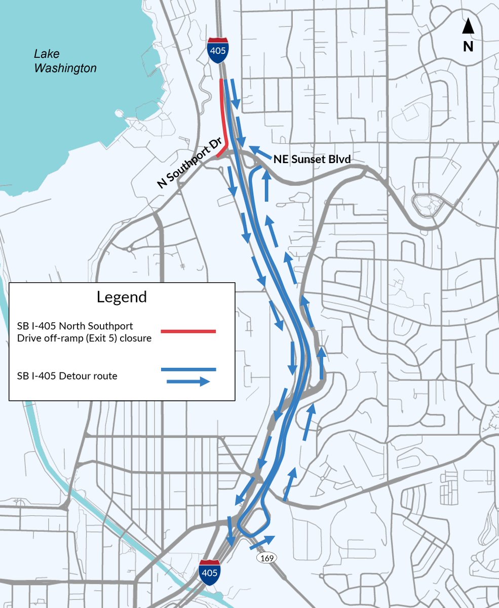 Please see the corrected detour map for this weekend's SB I-405 North Southport Drive off-ramp (Exit 5) closure.  
wsdot.wa.gov/construction-p…