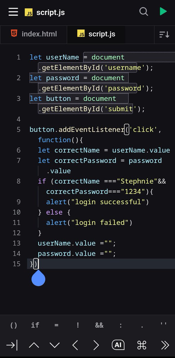 thetechsteph's tweet image. Today I learnt and practiced JavaScript basics like:
DOM
Event listeners
Form and User Input Handling...
DAY 3 of CODING WITH A PHONE
Omo 😮💨 Sololearn didn't teach me this one o...
But it was fun sha🤗
I'm also working on my portfolio while I learn✨