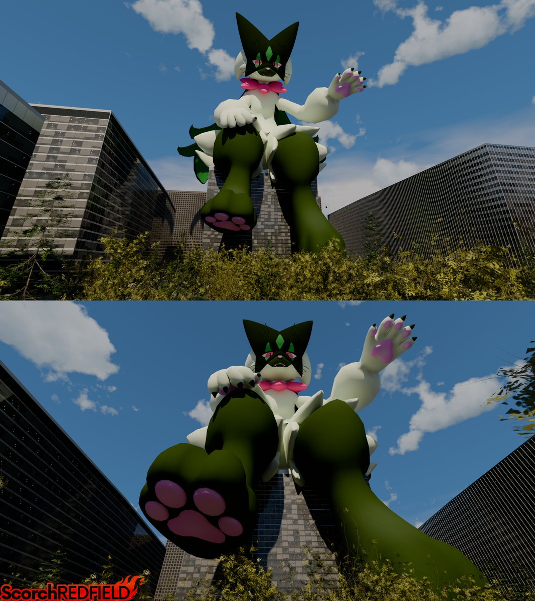 "Hello, little ones! There's no need to be alarmed, I don't mean any harm. I hope you all don't mind if I rest atop this building. It's a very hot day and I need somewhere to conserve my energy. Hope you like the view from down there!"

#macrofurry #sfwgt #sizetwt #b3d