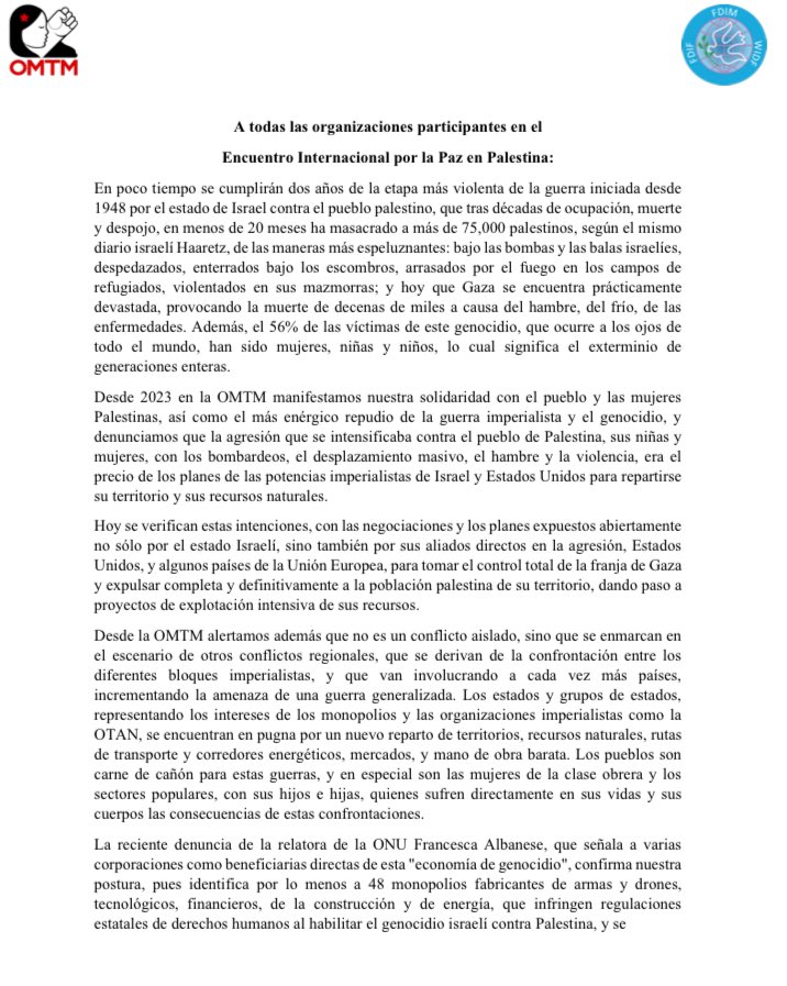 trabajadorasmx's tweet image. En la OMTM reiteramos nuestra solidaridad con el pueblo palestino 🇵🇸 y las mujeres palestinas 🍉 hacemos un llamado contra la ocupación israelí. 

Les compartimos nuestra participación en el Encuentro Internacional por la Paz en Palestina. 

¡Palestina vencerá!