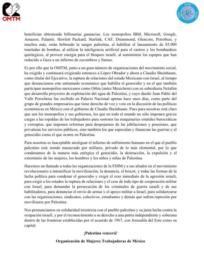 trabajadorasmx's tweet image. En la OMTM reiteramos nuestra solidaridad con el pueblo palestino 🇵🇸 y las mujeres palestinas 🍉 hacemos un llamado contra la ocupación israelí. 

Les compartimos nuestra participación en el Encuentro Internacional por la Paz en Palestina. 

¡Palestina vencerá!
