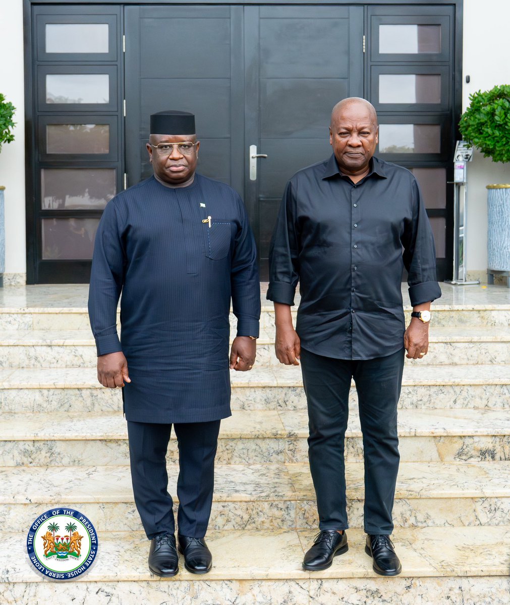 Presidency | Sierra Leone 🇸🇱 (@presidency_sl) on Twitter photo Today in Accra, His Excellency <a href="/julius_maadabio/">Julius Maada Bio</a> spent time with His Excellency John Dramani Mahama, <a href="/JDMahama/">John Dramani Mahama</a>, who is grieving the tragic loss of two Ministers and six others in a recent helicopter crash.
The people of Sierra Leone stand in solidarity with you during this Today in Accra, His Excellency <a href="/julius_maadabio/">Julius Maada Bio</a> spent time with His Excellency John Dramani Mahama, <a href="/JDMahama/">John Dramani Mahama</a>, who is grieving the tragic loss of two Ministers and six others in a recent helicopter crash.
The people of Sierra Leone stand in solidarity with you during this