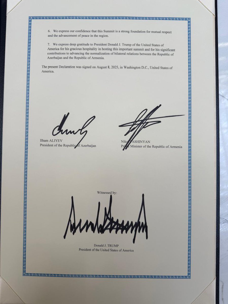 Washington’da imzalanan metin nihai anlaşma değil. Tam Metin👇:

“Azerbaycan Cumhuriyeti Cumhurbaşkanı ile Ermenistan Cumhuriyeti Başbakanı’nın
8 Ağustos 2025’te Amerika Birleşik Devletleri, Washington D.C.’de yaptıkları toplantının sonuçlarına ilişkin Ortak Bildirisi

Biz,