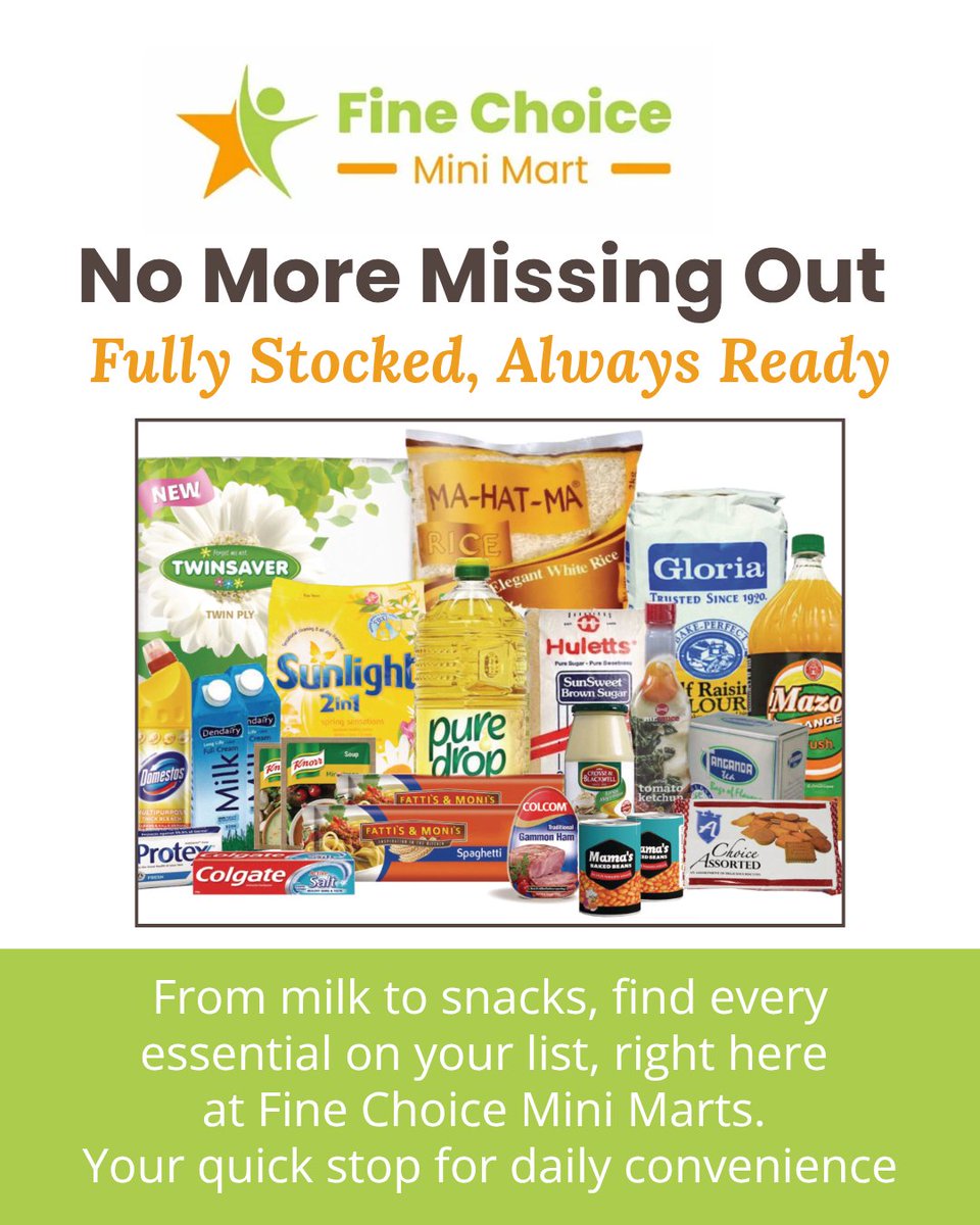 FineChoiceMarts's tweet photo. No More Missing Out! 🛒 Fine Choice Mini Mart is Fully Stocked &amp; Always Ready in Harare! Find every essential FAST. Everything's in reach for a super quick shop! 👇 #Harare #FineChoice #FullyStocked #QuickShop #DailyEssentials #Zimbabwe https://t.co/y56dyqA9PA