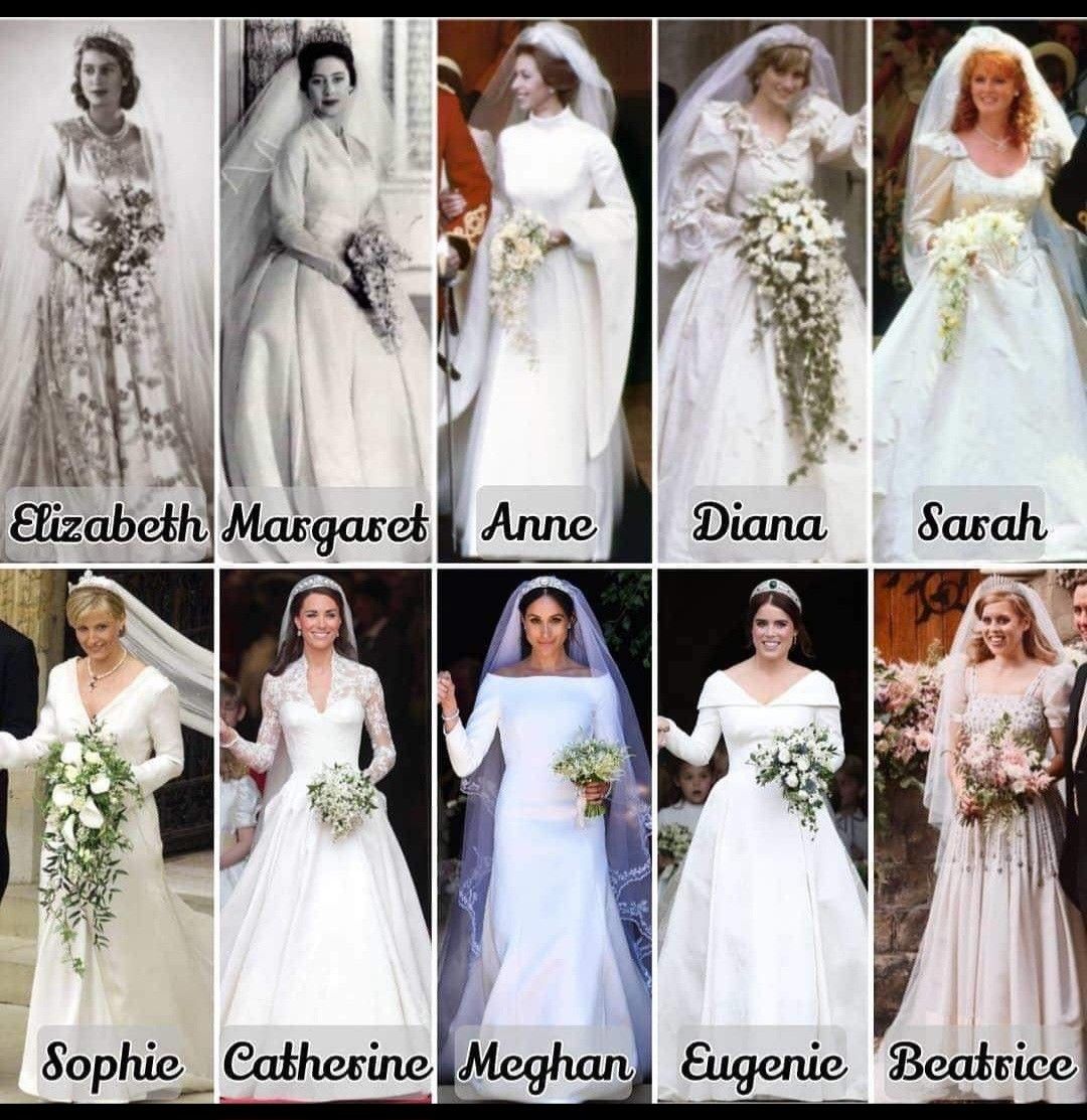 #WeddingDresses #RoyalWeddings 
( I do not like  4 , and I dislike 8. ) 1st 1947,  2nd 1960 , 3rd pic 1973 , 4th, 1981,  5th 1986,  6th 1999, 7th 2011, 8th 2018, 9th 2018 ,10th 2020. do you have a favorite or two