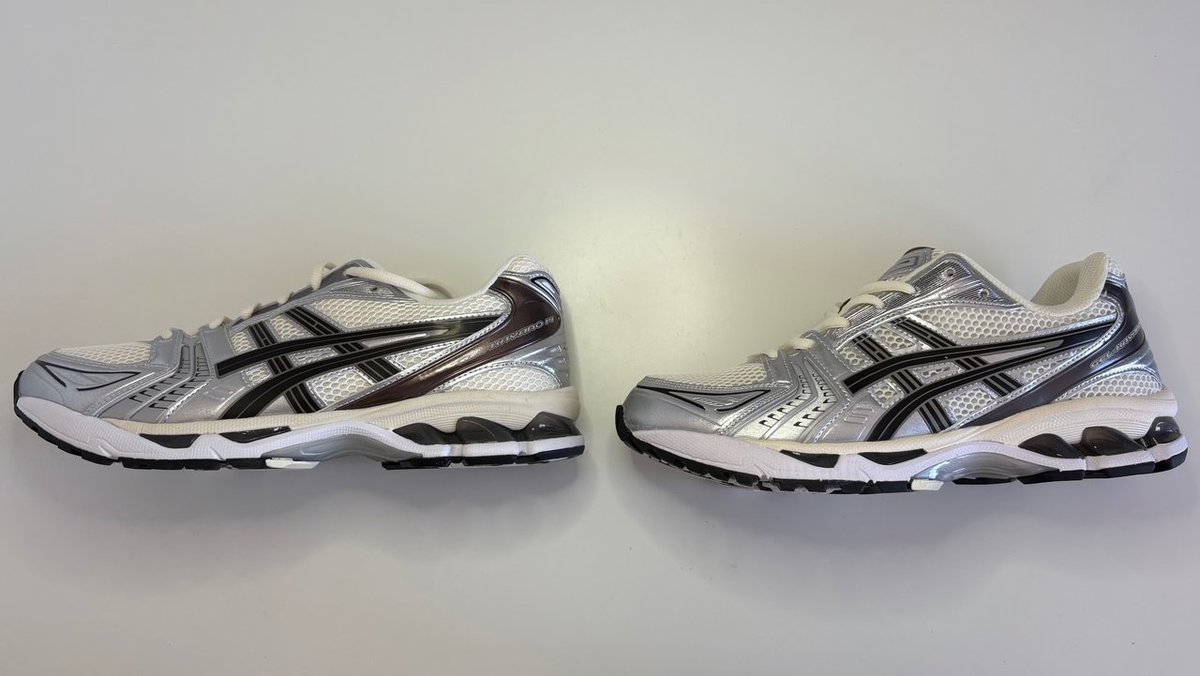 DELsneaks's tweet photo. Which one do you think is fake? My comparison is live on YouTube! Link: https://t.co/l5G1GkqyLY #asics #ASICSXATMOS #asicsgelkayano14 #realvsfake https://t.co/P8DOYfpGP9