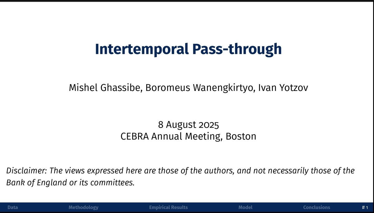 iyotzov's tweet image. I had a great time at the 2025 @CebraOrg conference in Boston - huge thanks to the organisers and hosts @HarvardHBS @BostonFed !
I presented "Intertemporal Pass-Through", joint work with @mickey_gb and @boromeusw