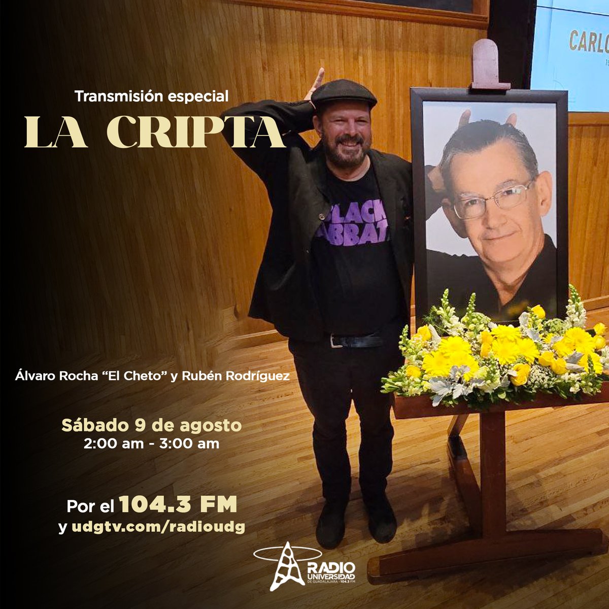 RadioUdeG's tweet image. Te invitamos a seguir nuestra transmisión especial de #LaCripta en donde Álvaro Rocha &quot;El Cheto&quot; y Rubén Rodríguez realizarán algunas entrevistas📻

🗓️9 agosto 
⌚️2:00 a 3:00 am