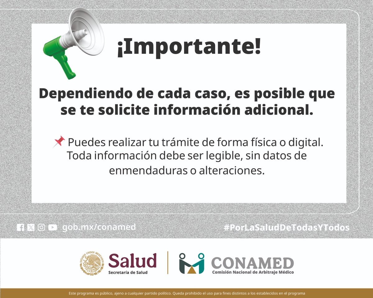 CONAMED_SALUD's tweet image. #ServiciosCONAMED
¿Estas inconforme con la #AtenciónMédica recibida? Conoce los documentos para presentar tu queja en la #CONAMED 📄

¡Acércate a la #CONAMED! 📣
🌐 gob.mx/conamed
☎️ 55 5420 7000
📨 orientacion@conamed.gob.mx
#QuejaCONAMED  #PorUnaMejorAtención