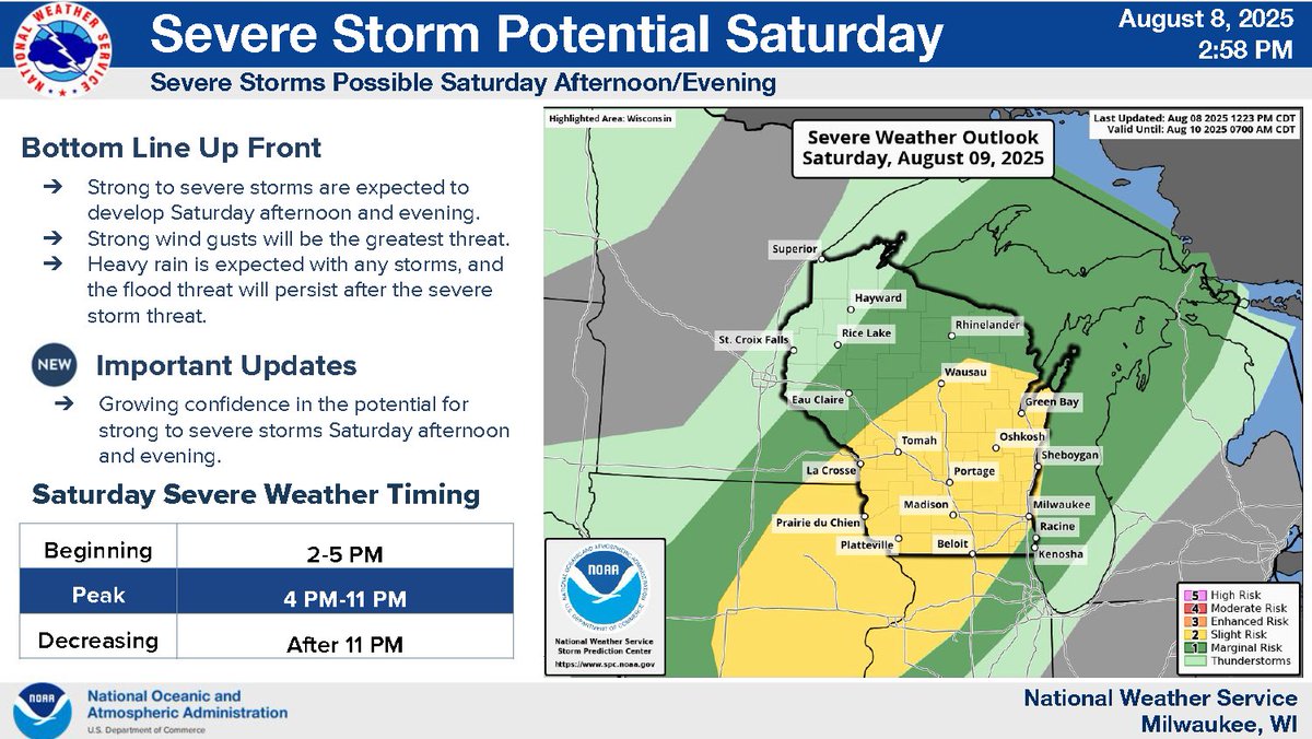 Stay weather aware this weekend!👀
Damaging winds, hail, and localized flooding are possible. 

📺 Stay up-to-date on the forecast
📱 Make sure you have multiple ways to get weather alerts
🚗 Do not drive into flooded areas. Turn around, don't drown!

#ReadyWI #wiwx