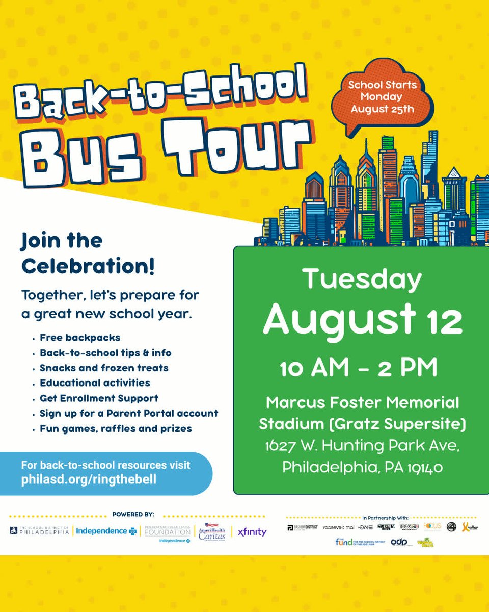 PHLschools's tweet image. 🚌 Back-to-School Bus Tour Mega-Event

🎒Get a free backpack &amp;amp; all your back-to-school needs! Learn more at: philasd.org/ringthebell

@ibxfdn @classixphilly @rnbphilly @fundphlschools @xfinity #SDPBusTour #RingtheBellPHL #PHLED