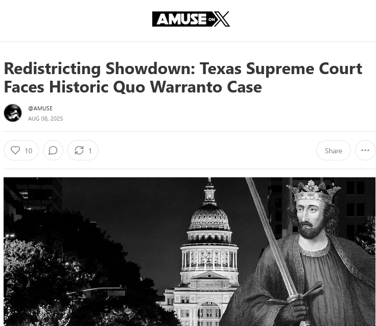 Wow. Major political fireworks in Texas. All happening in real time. 
Yippie Ki Yey. gg

amuseonx.substack.com/p/redistrictin…
