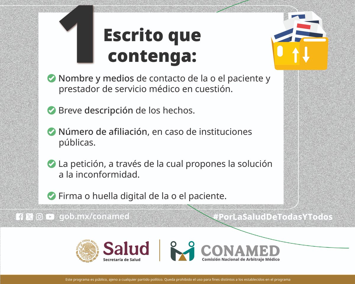 CONAMED_SALUD's tweet image. #ServiciosCONAMED
¿Estas inconforme con la #AtenciónMédica recibida? Conoce los documentos para presentar tu queja en la #CONAMED 📄

¡Acércate a la #CONAMED! 📣
🌐 gob.mx/conamed
☎️ 55 5420 7000
📨 orientacion@conamed.gob.mx
#QuejaCONAMED  #PorUnaMejorAtención