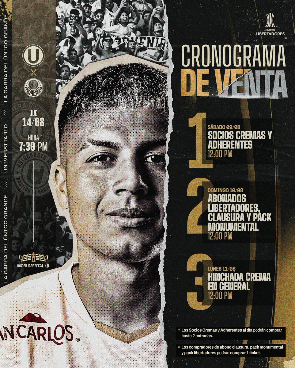 ✅Cronograma de venta de entradas para el Universitario de Deportes vs Palmeiras por la Copa Libertadores. 
➡️Mañana sábado inicia para socios cremas y adherentes.
➡️Domingo para abonados Libertadores, Clausura y Pack Monumental.
➡️Lunes para la hinchada crema en general. 
Todo a
