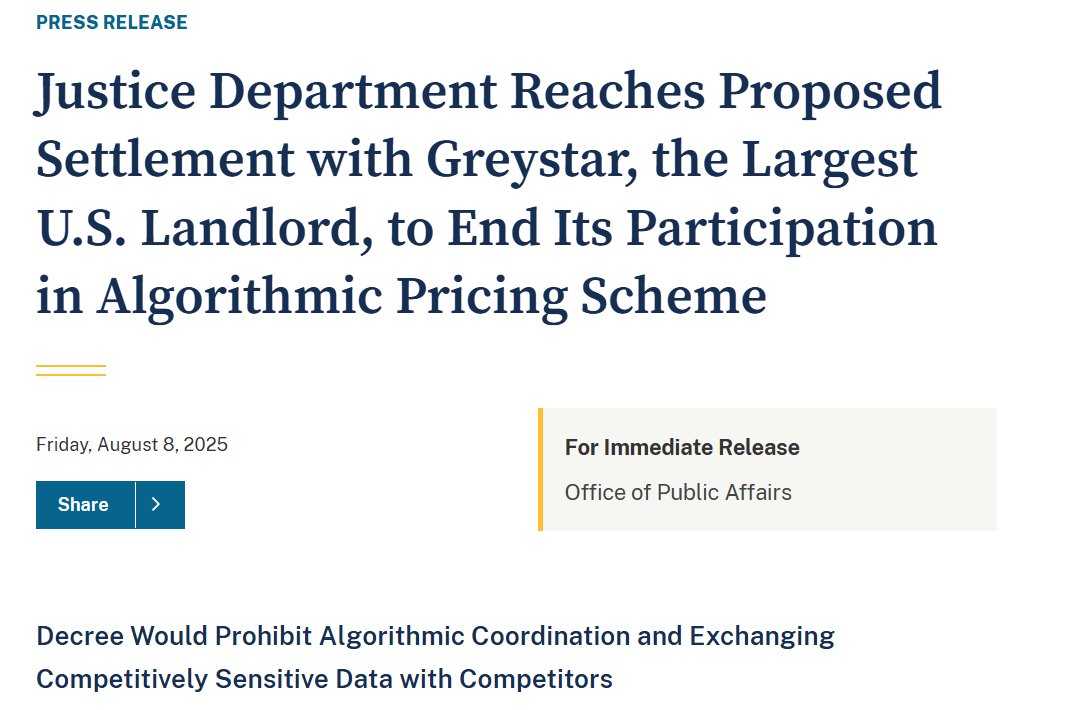 DOJ settles its case against Greystar Management, one of the landlords the Antitrust Division has accused of illegally conspiring to increase rents using RealPage software.