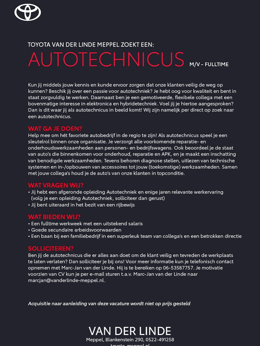 ⚠️⚠️ Vacature alert ⚠️⚠️

Maak jij ons team weer compleet? Wij zijn per direct op zoek naar een autotechnicus. Interesse? Check onderstaande link!

toyota-meppel.nl/over-ons/ons-b…

Delen van deze vacature wordt gewaardeerd 😉.