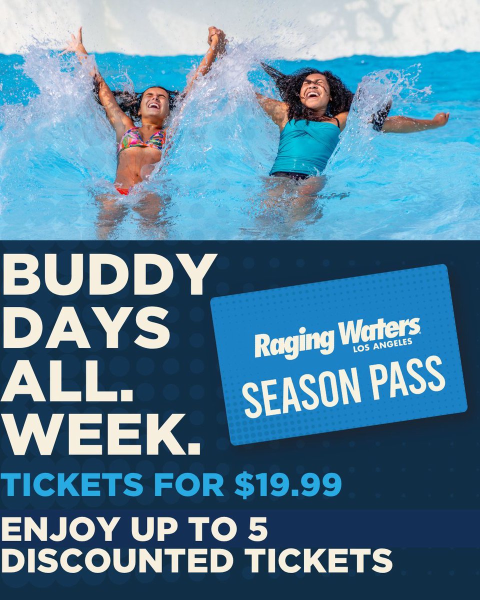 RagingWatersLA's tweet image. The summer fun just got sunnier! ☀️ Passholder Appreciation Week is back Aug 11–17! Enjoy $19.99 Buddy Day tickets, food deals, 30% off merch &amp;amp; early access to Neptune’s Fury &amp;amp; High Extreme Sat–Sun. 🎟️🌊 Details: ragingwaters.com/buy-tickets/se…
#ragingwatersla #waterpark #seasonpass
