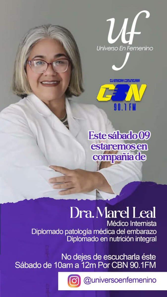 Este sábado en Universo en Femenino entrevistaremos a la Dra. Marel Leal y hablaremos sobre nutrición integral. Sintoniza haciendo clic aquí 👇🏻
zeno.fm/radio/cbn-radi…