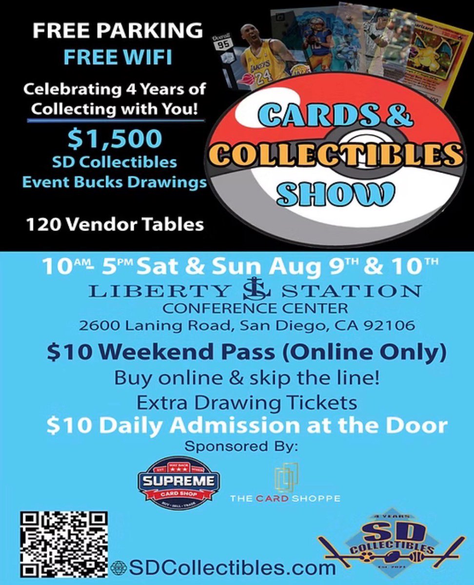 THIS WEEKEND SDcollectibles two-day card show in Liberty station! Saturday  and Sunday 10:00AM-5:00PM Sports cards, Pokmon, memorabilia and more!  @CardPurchaser #sandiego #sportscards #pokemon #cardshow