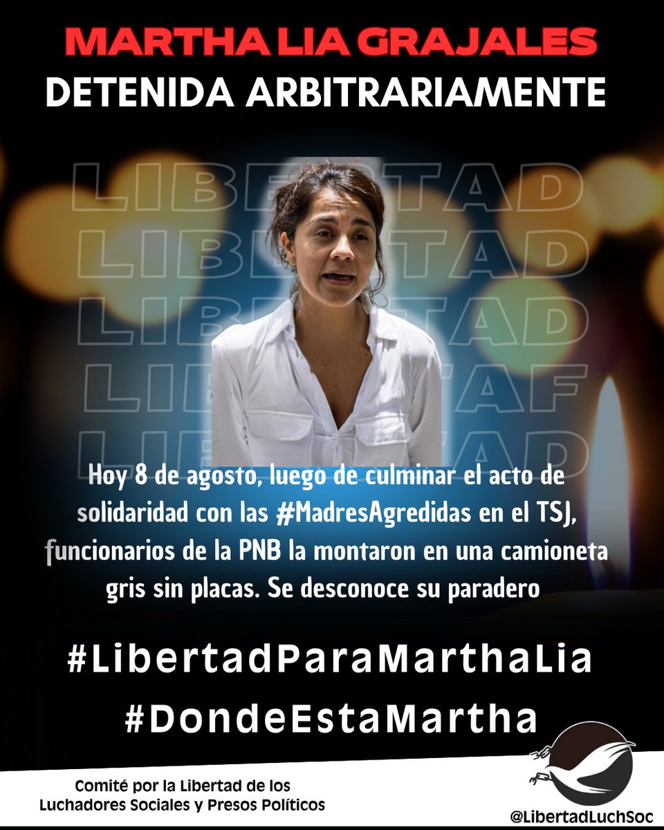 LibertadLuchSoc's tweet image. 🗣️URGENTE | #8Ago |Detenida arbitrariamente Martha Lía Grajales, defensora de DDHH y activista de @Surgentes. Luego de culminar el acto de solidaridad con las #MadresAgredidas los esbirros de la PNB la montaron en una camioneta gris sin placas. #DondeEstaMartha
#LiberenAMarthaLia
