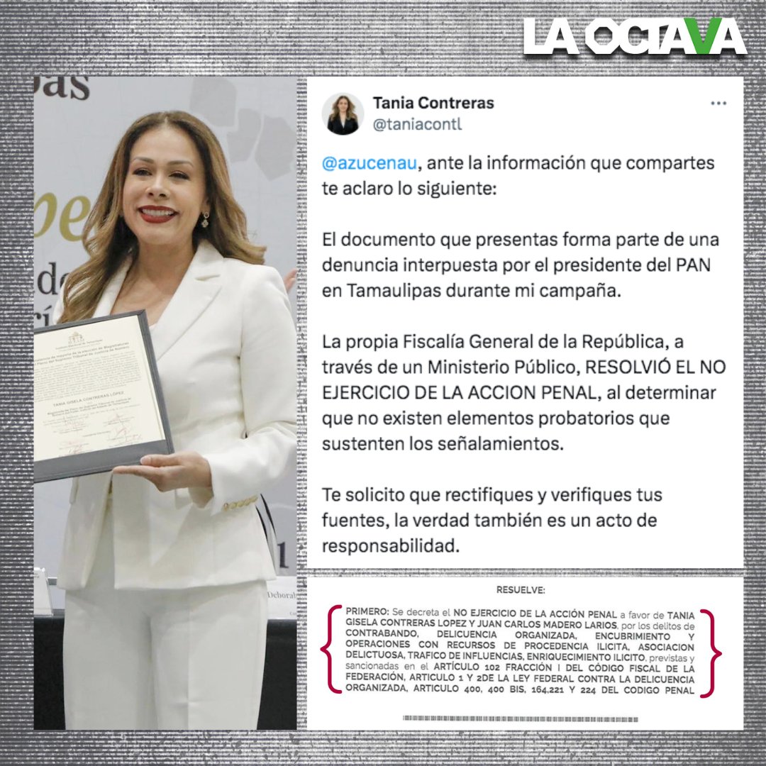 LA OCTAVA (@laoctavadigital) on Twitter photo Presidenta electa del Poder Judicial de Tamaulipas responde a Azucena Uresti
Luego de la información compartida por <a href="/azucenau/">Azucena Uresti</a> sobre una denuncia en contra de <a href="/taniacontl/">Tania Contreras</a> por presunto contrabando, la magistrada aseguró que la <a href="/FGRMexico/">FGR México</a> resolvió “no ejercicio de la acción penal”. Presidenta electa del Poder Judicial de Tamaulipas responde a Azucena Uresti
Luego de la información compartida por <a href="/azucenau/">Azucena Uresti</a> sobre una denuncia en contra de <a href="/taniacontl/">Tania Contreras</a> por presunto contrabando, la magistrada aseguró que la <a href="/FGRMexico/">FGR México</a> resolvió “no ejercicio de la acción penal”.