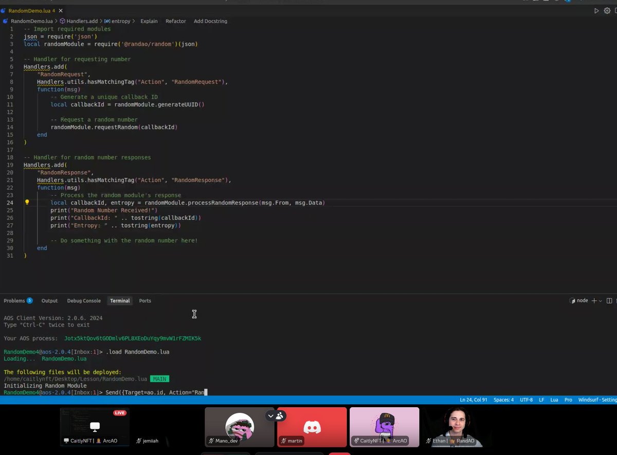 Spreading the word of <a href="/aoTheComputer/">ao</a> and <a href="/RandAOToken/">RandAO</a> to some curious devs today.

If you want to learn more about how to get started on AO, send us a message and we will get you added into the next workshop!

Topics covered:
Launching a process
Using APM with <a href="/betteridea_dev/">BetterIDEa</a>