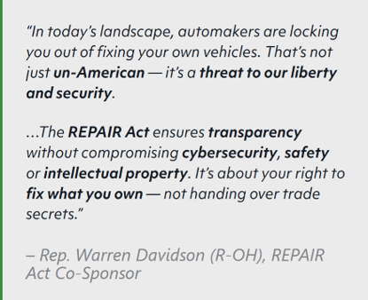 #ICYMI: Last month, <a href="/Rep_Davidson/">Rep. Warren Davidson</a> took to <a href="/thehill/">The Hill</a> with an honest charge for his colleagues in Congress: “…quit stalling and pass the REPAIR Act.”

Read about the bipartisan fight to codify auto repair rights into law: bit.ly/3HirUGd